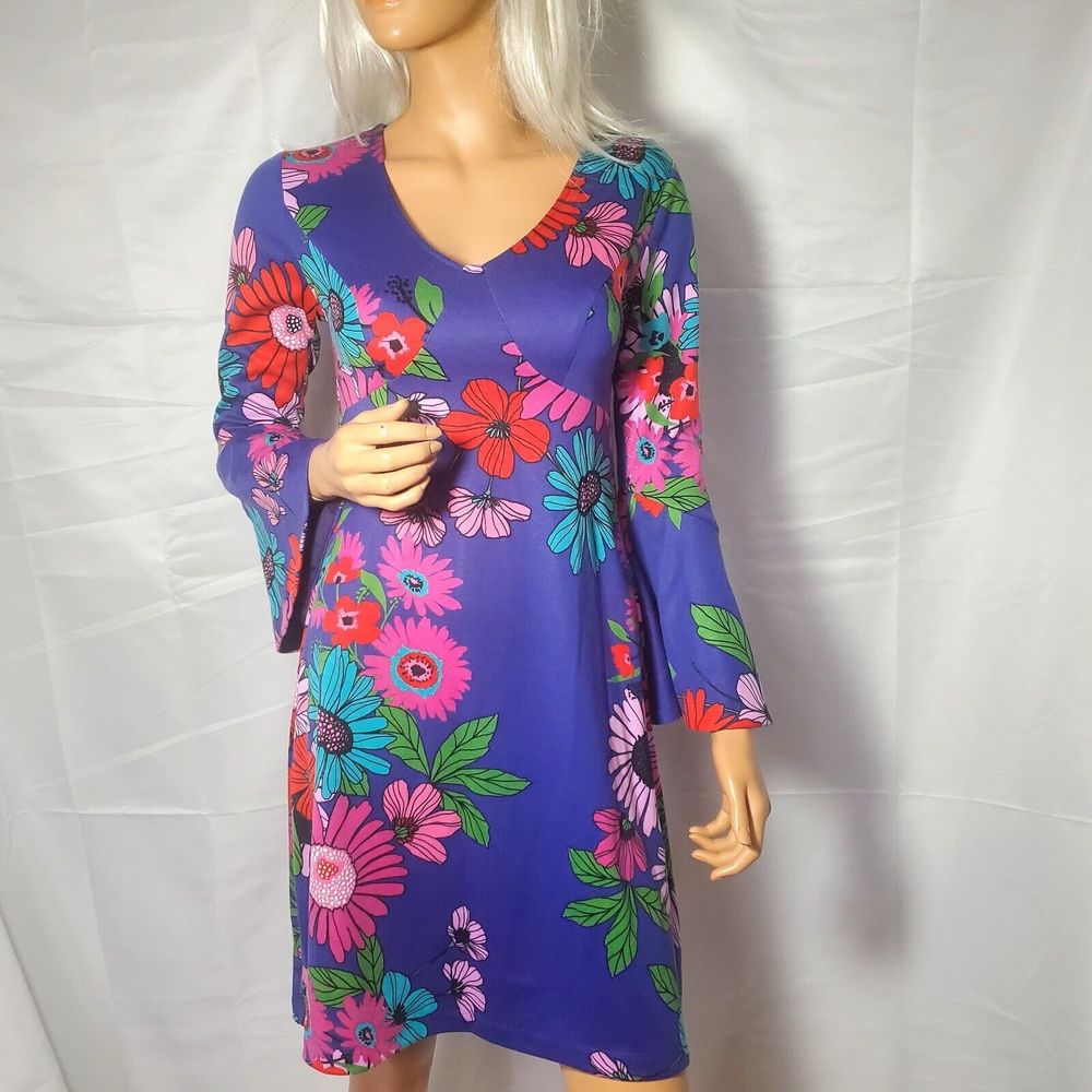 Trina Turk Tenderness Floral Bell Sleeve Mini Dress Purple Flowers Mod Size 0